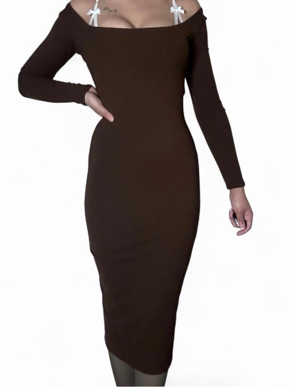 Off-Shoulder Long Sleeve Midi Dress in Brown